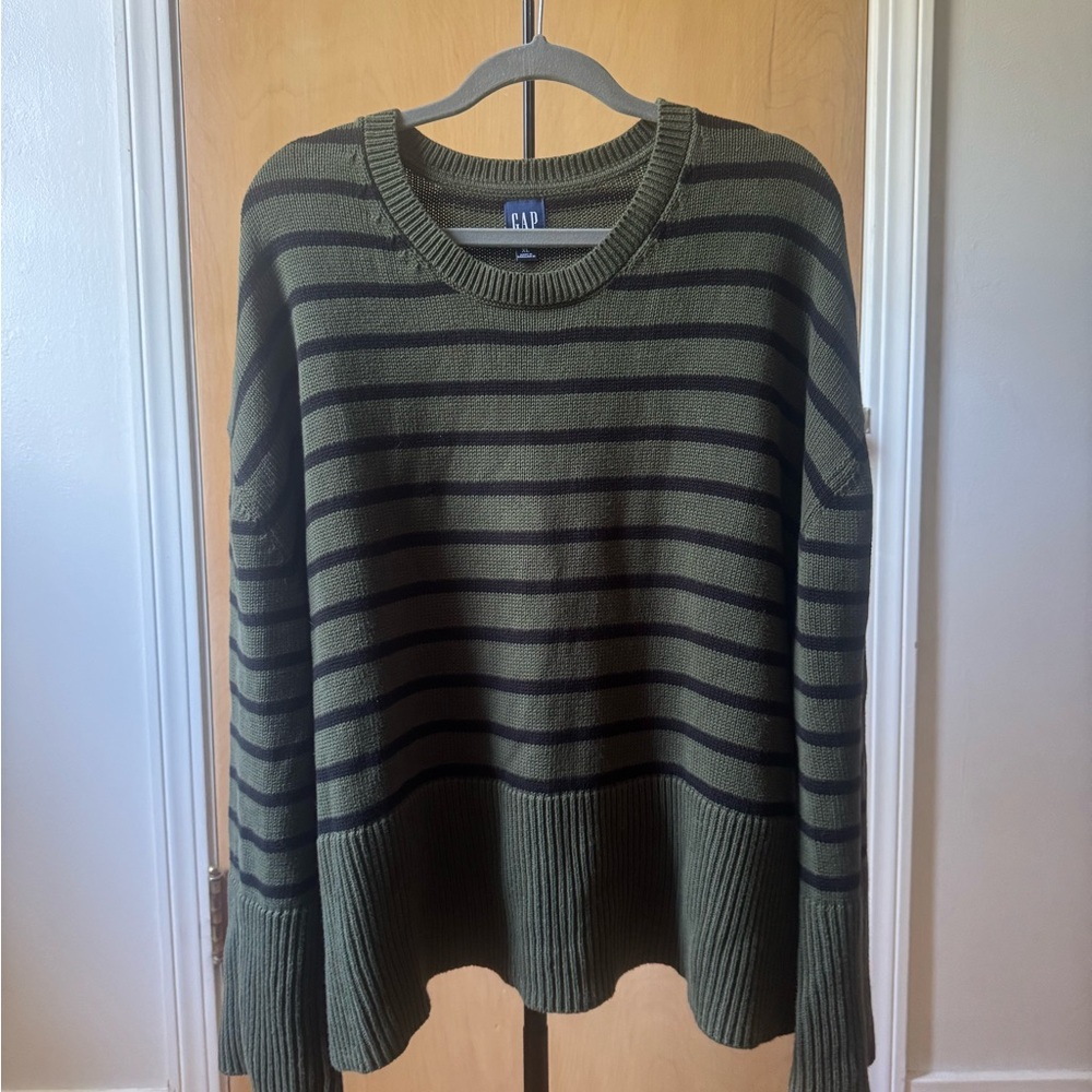 GAP Olive Green and Black Striped Crewneck Sweater
